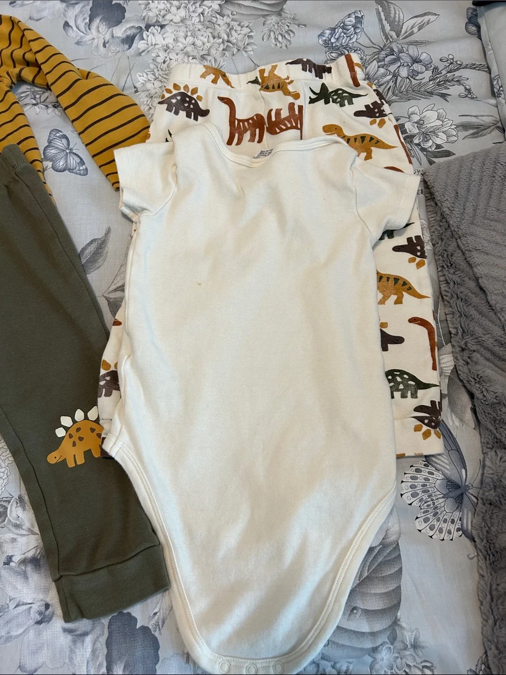 Carter's Mustard Stripe Top with Cream Dino Bodysuit and Olive Pants